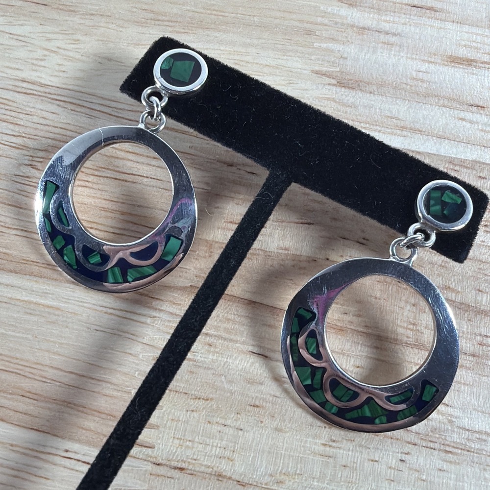 TAXCO Mex Sterling Silver Crushed Turquoise Inlay Hoop Earrings Vintage